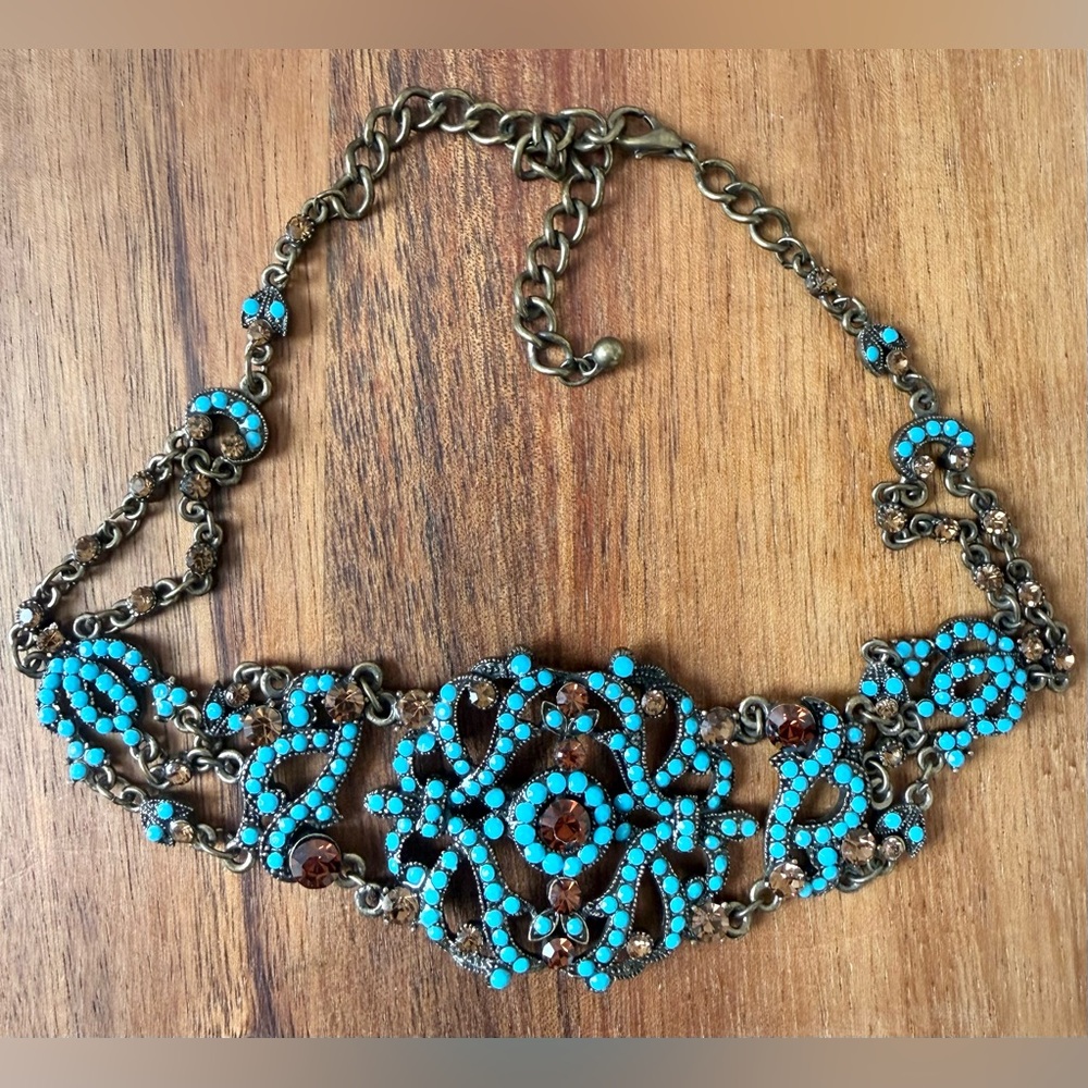 Rhinestone Faux Turquoise and Bronze Necklace Chocker Prom Floral
